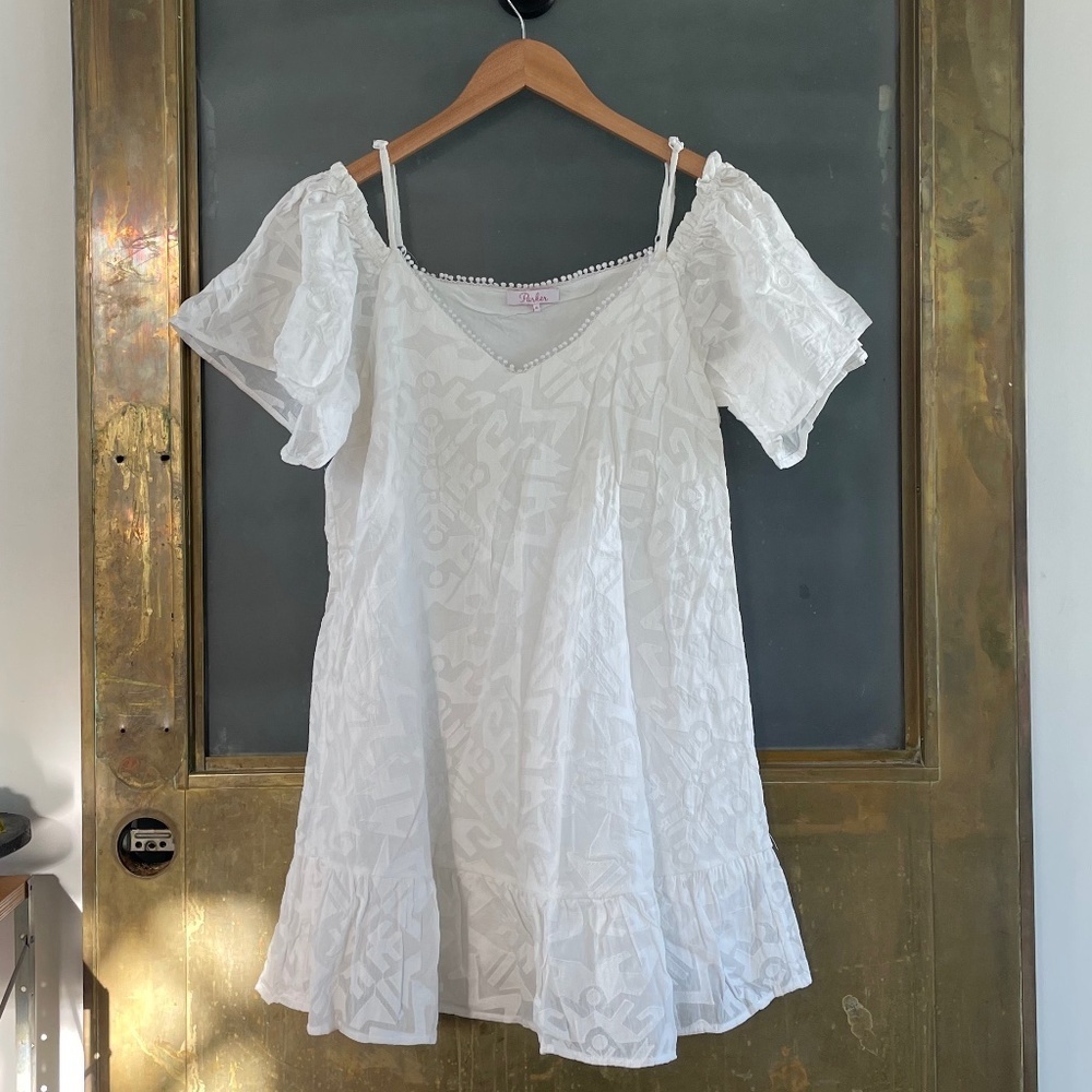 Parker White Euro Summer Cotton Mini Dress Puff Sleeve Size M